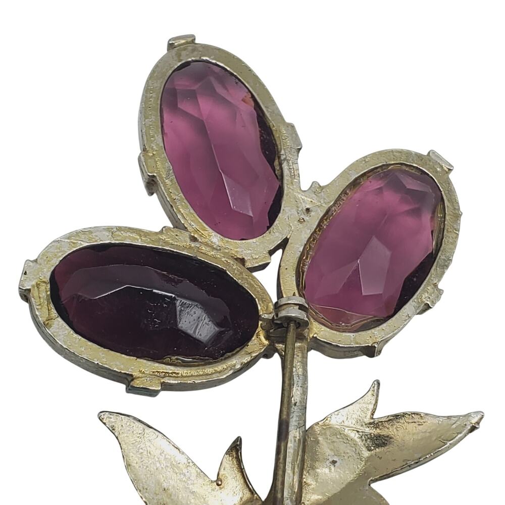 Purple‎ Flower Brooch Gold Tone Amethyst Glass Stone Green Enamel Pin Spring Vtg - Picture 4 of 9